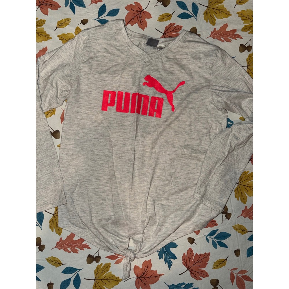 Puma Girls XL 16 Long Sleeve Tie Front Graphic Tee Gray Pink Logo V-Neck Shirt